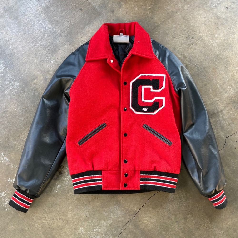 Vintage Dalfour Varsity Jacket Red Wool Black Leather Letterman Jacket Patch XS